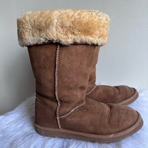 LL Beans brown leather fur lined boots shoes size 6M
